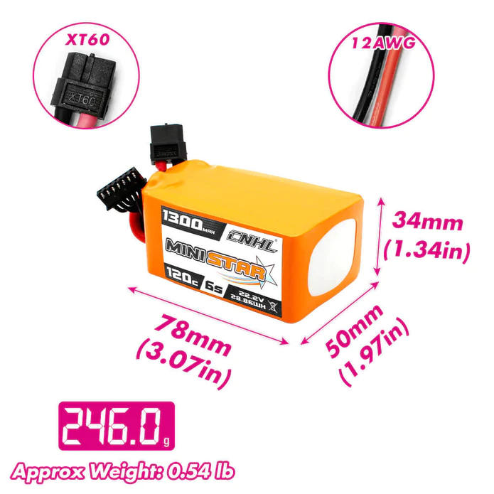 Battery CNHL MiniStar 1300mAh 22.2V 6S 120C Lipo XT60