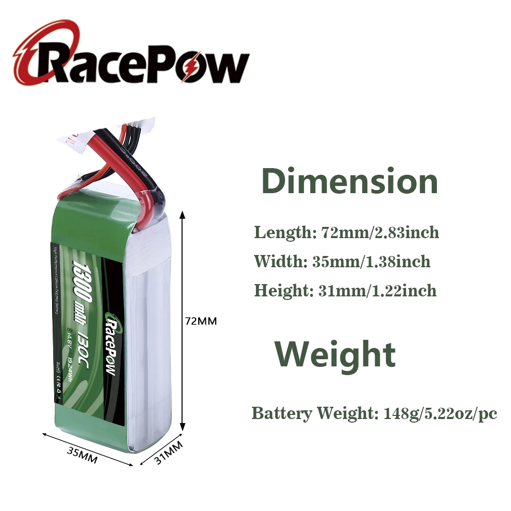 Lipo Battery with XT60 Connector 1300mAh 4S 14.8V 130C RacePow