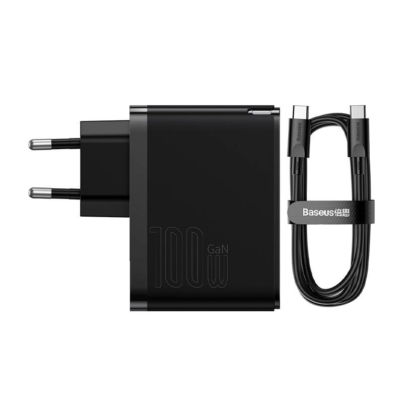 Charger Baseus GaN USB-C + USB, 100W + 1m cable (black)